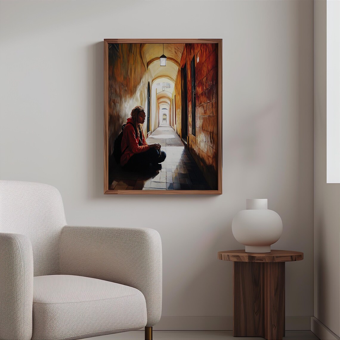 Red Hoodie Woman Sunlit Arched Alley Passage Photorealism Poster - Image 2