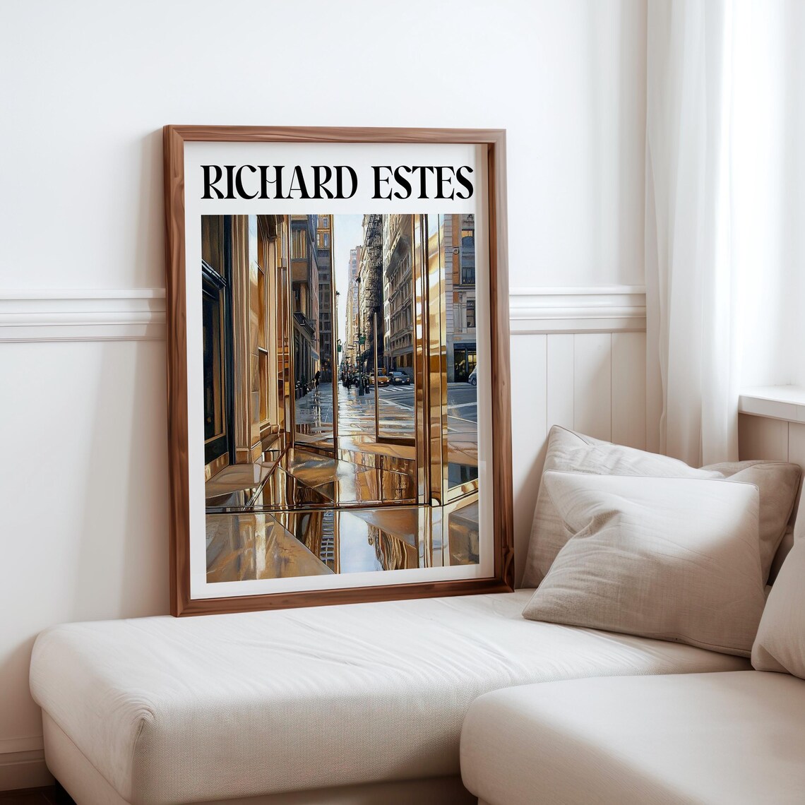 Richard Estes Inspired Golden Street Glass Building Reflection Print