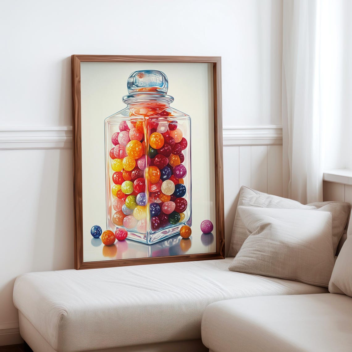 Square Candy Jar Rainbow Gumballs Cream Background Retro Poster