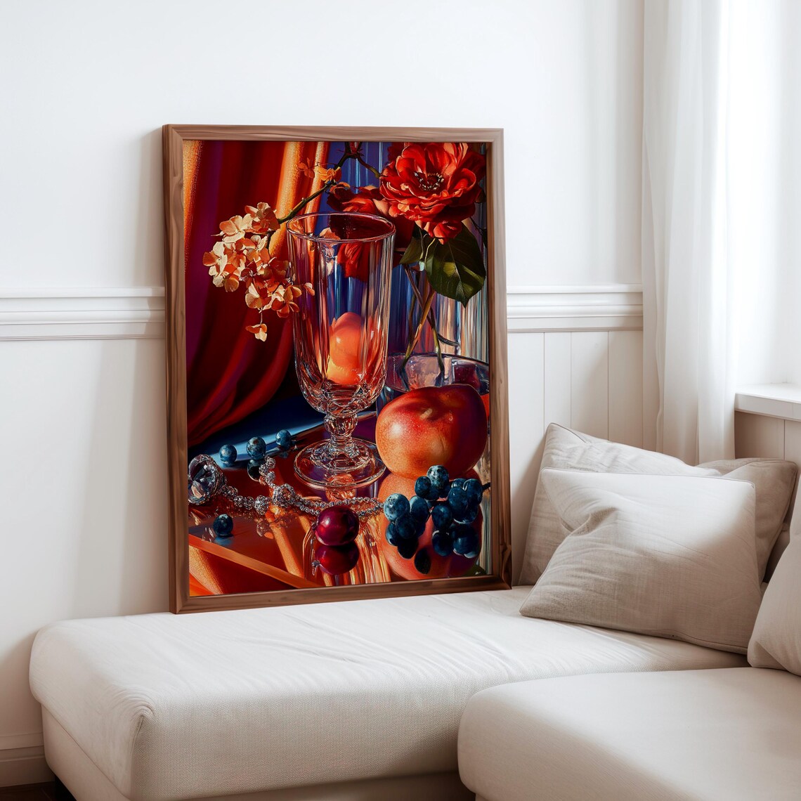 Cut Glass Goblet Red Flowers Nectarine Photorealism Still Life Poster