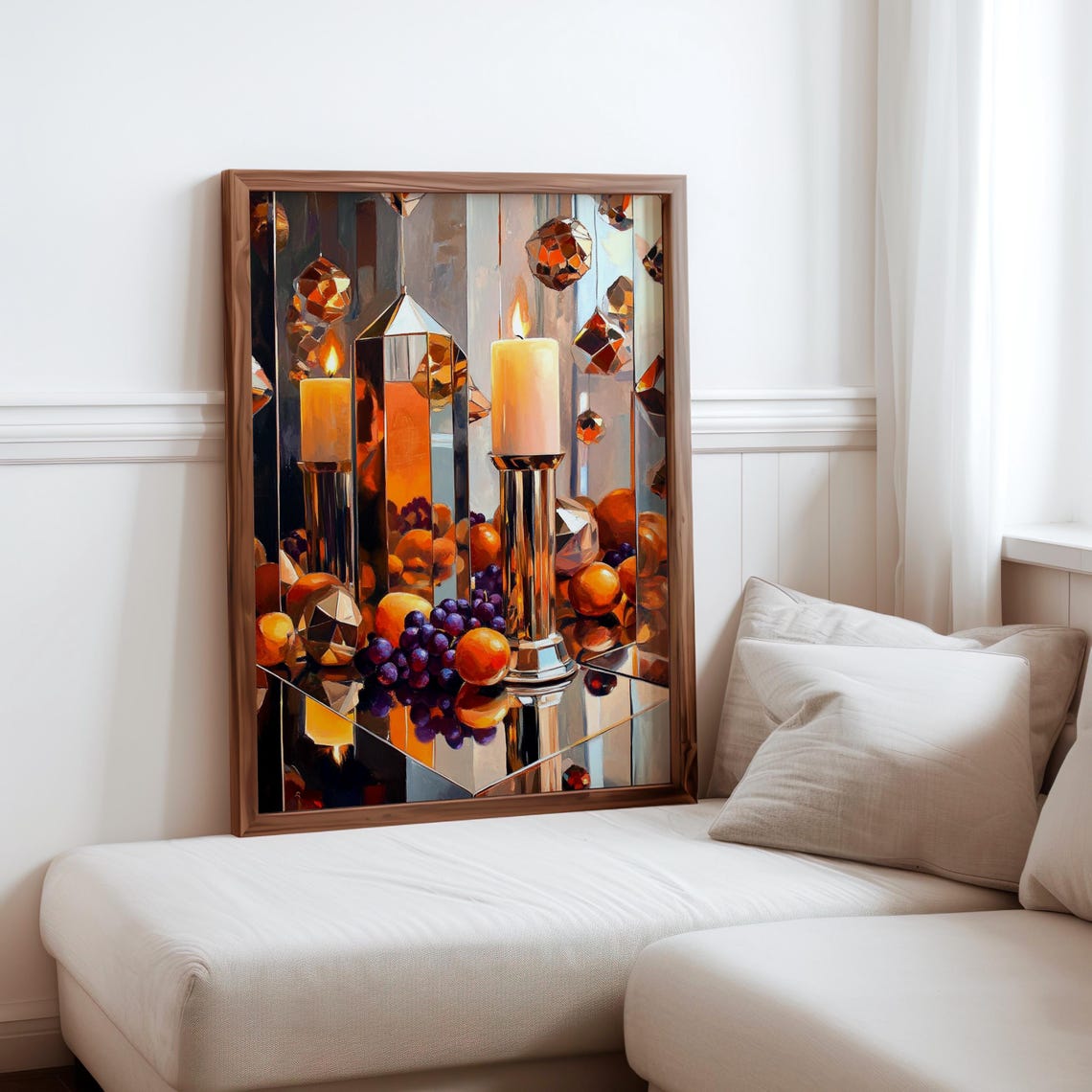 Brass Candlesticks with Oranges and Grapes Still Life Poster