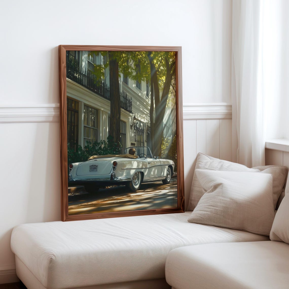 White Vintage Convertible City Street Row Houses Sunlight Print