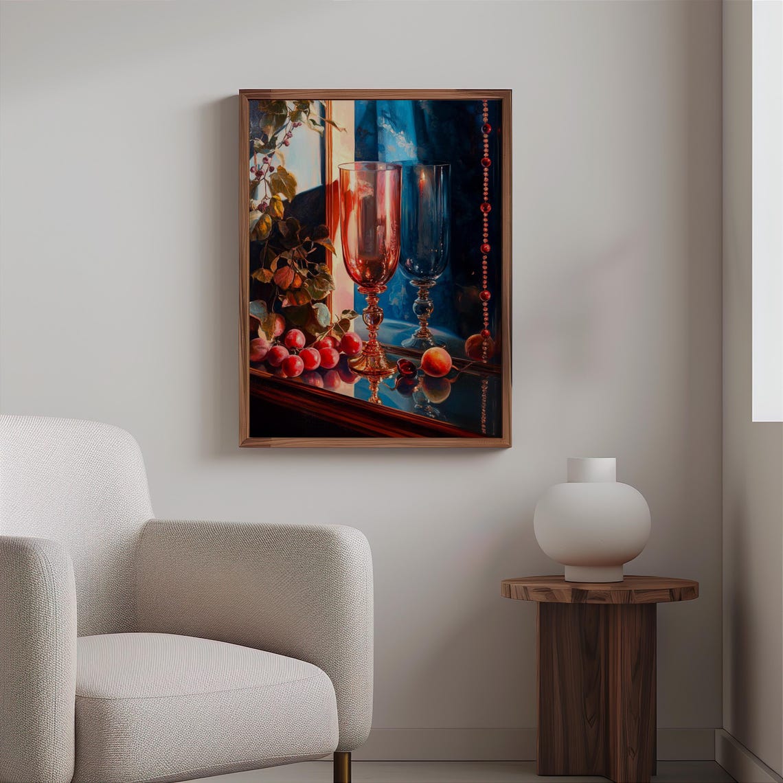 Tall Red Blue Stemmed Goblets Berries Vines Still Life Art Print - Image 2