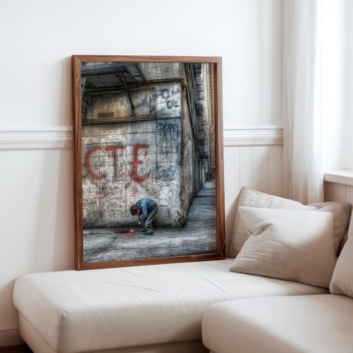 Homeless Man Crouched Graffiti Alley Fire Escape Moody Art Poster