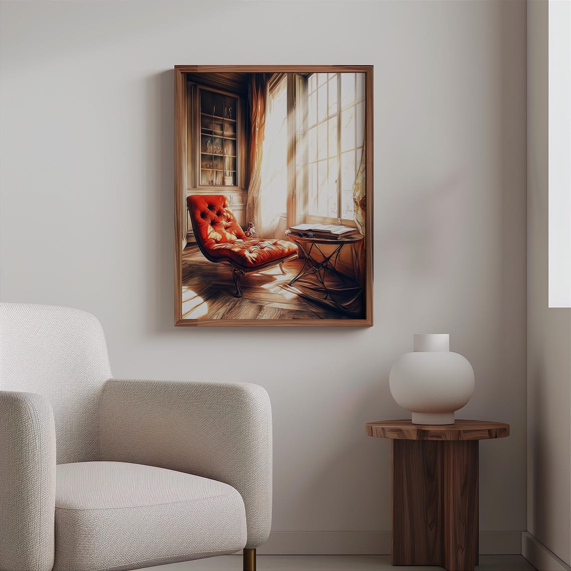 Red Chaise Lounge Sunlit Bay Window Classic Interior Wall Art - Image 2