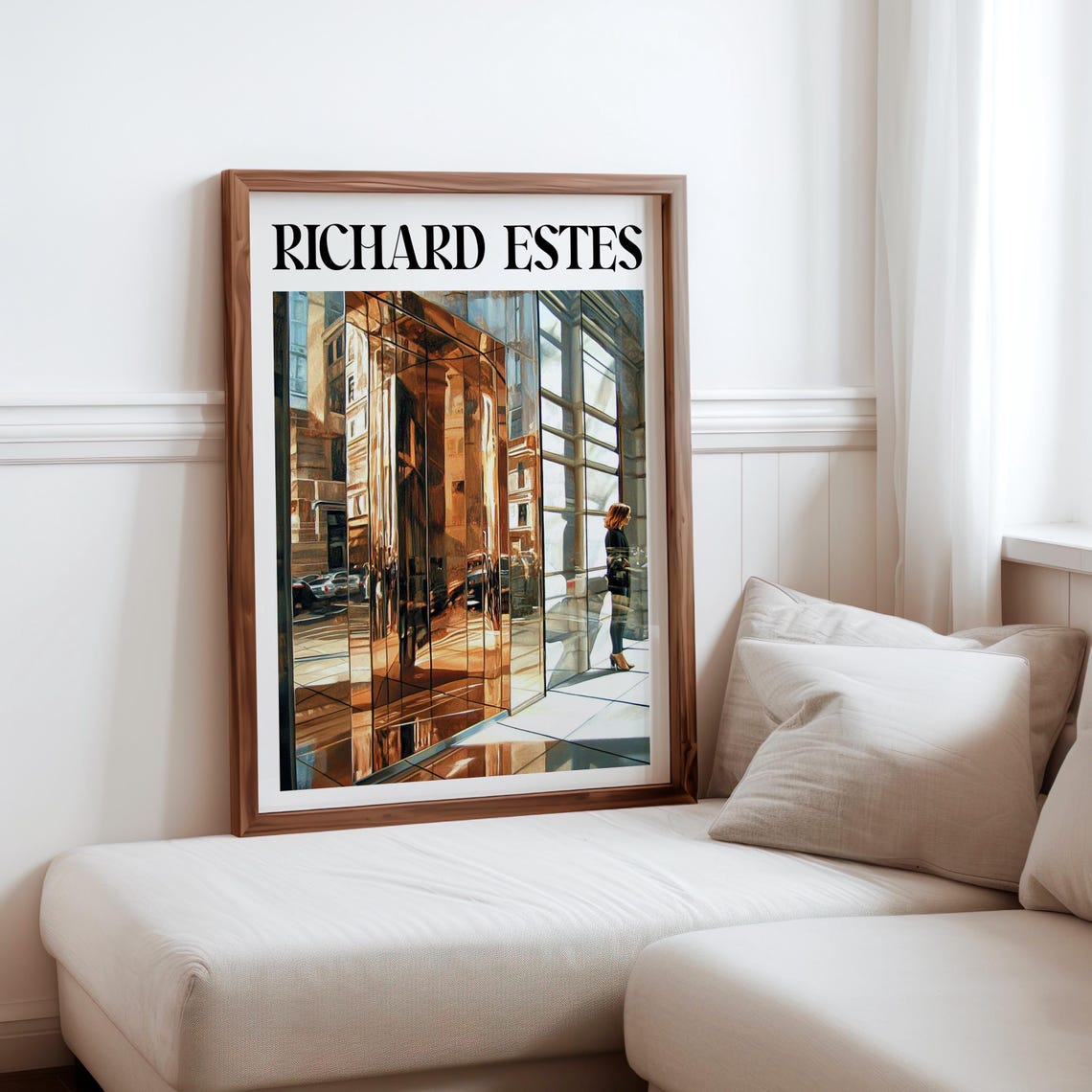 Richard Estes Inspired Glass Facade Woman Walking Reflection Print