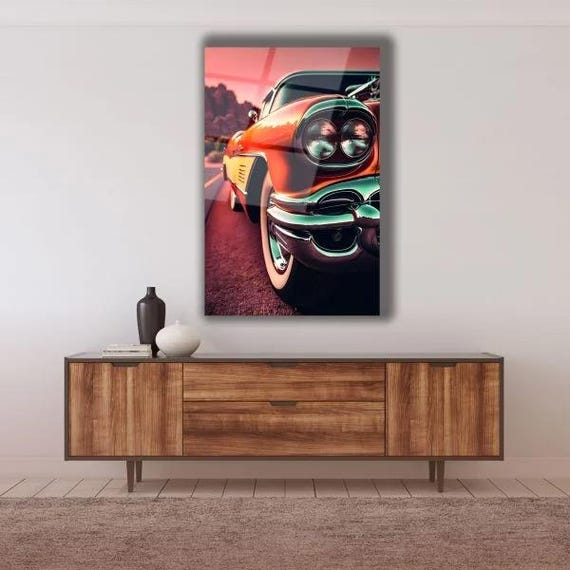 Classic Car Sunset Drive Tempered Glass Wall Art Vintage Automotive Elegance Retro Cruiser Decor Nostalgic Artistic Wall Accent