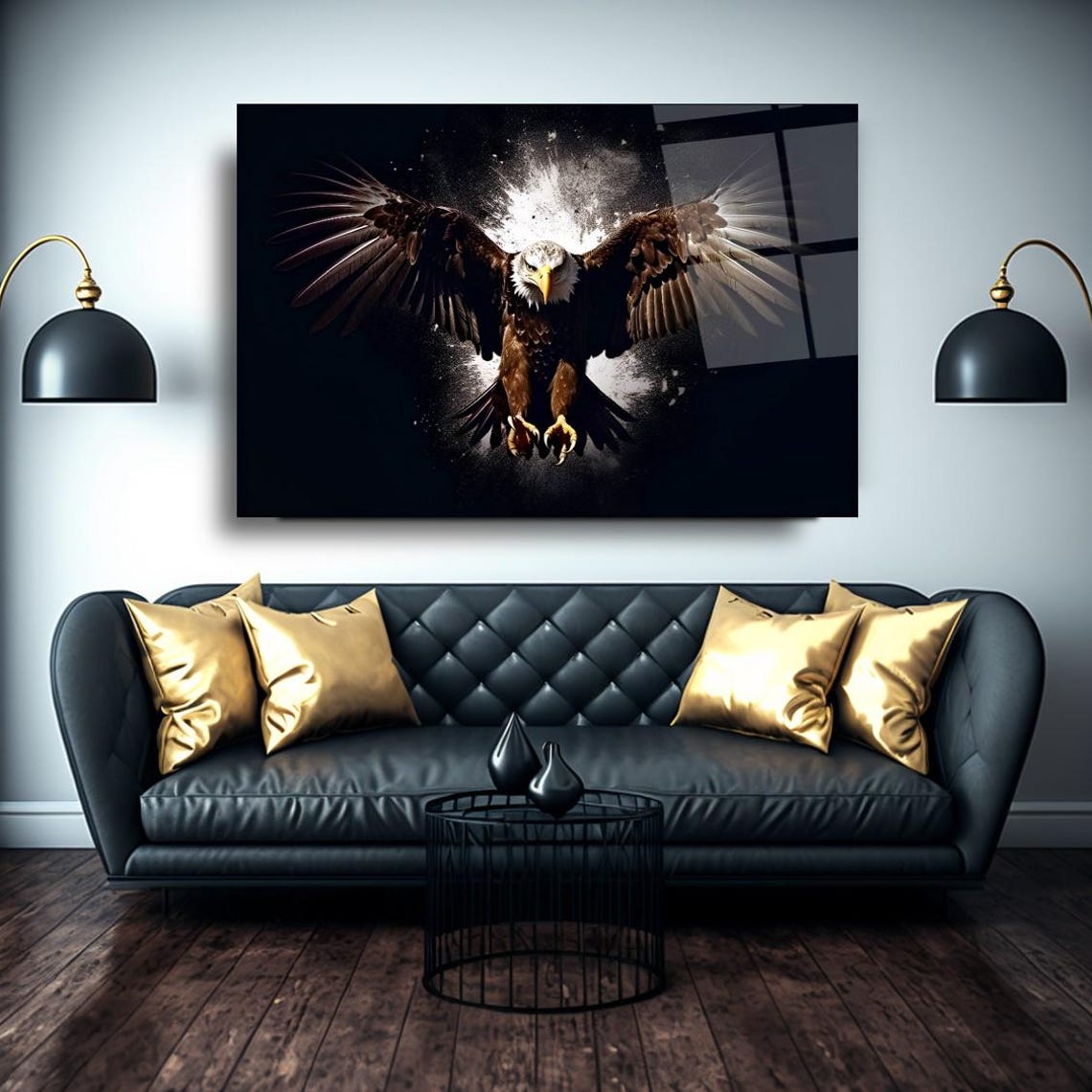 Bald Eagle Wings Spread Black Background Dramatic Art Poster