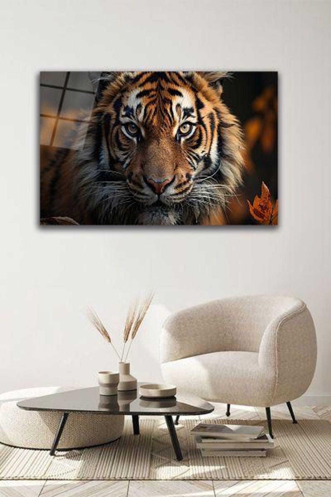 Intense Orange Tiger Close-Up Portrait With Autumn Leaf Poster - Image 2