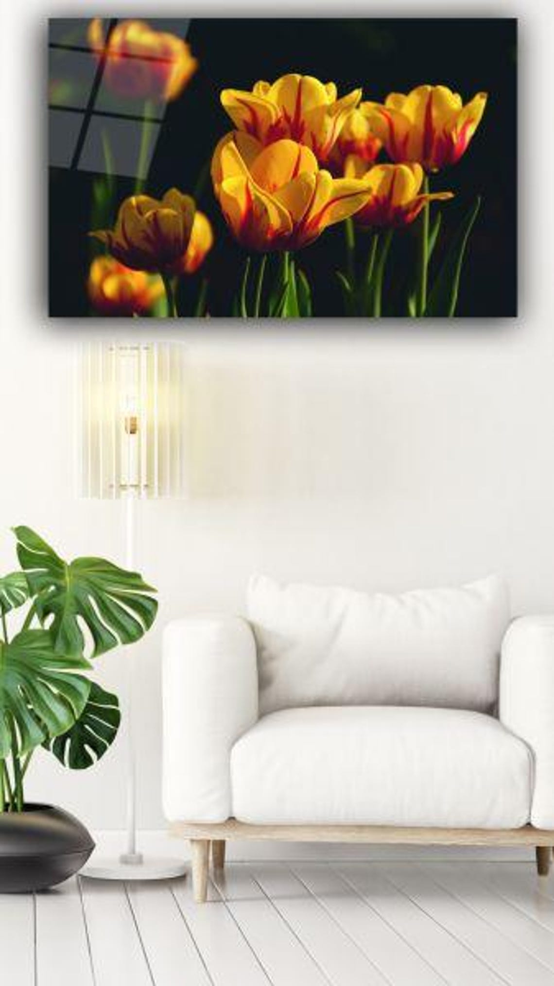 Yellow Red Striped Tulips On Dark Black Background Floral Poster - Image 3