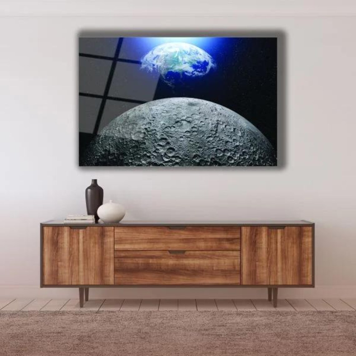 Earth Rising Over the Moon Surface in Deep Space Tempered Glass Wall Art