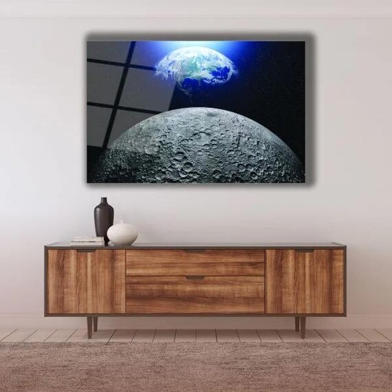 Earth Rising Over the Moon Surface in Deep Space Tempered Glass Wall Art