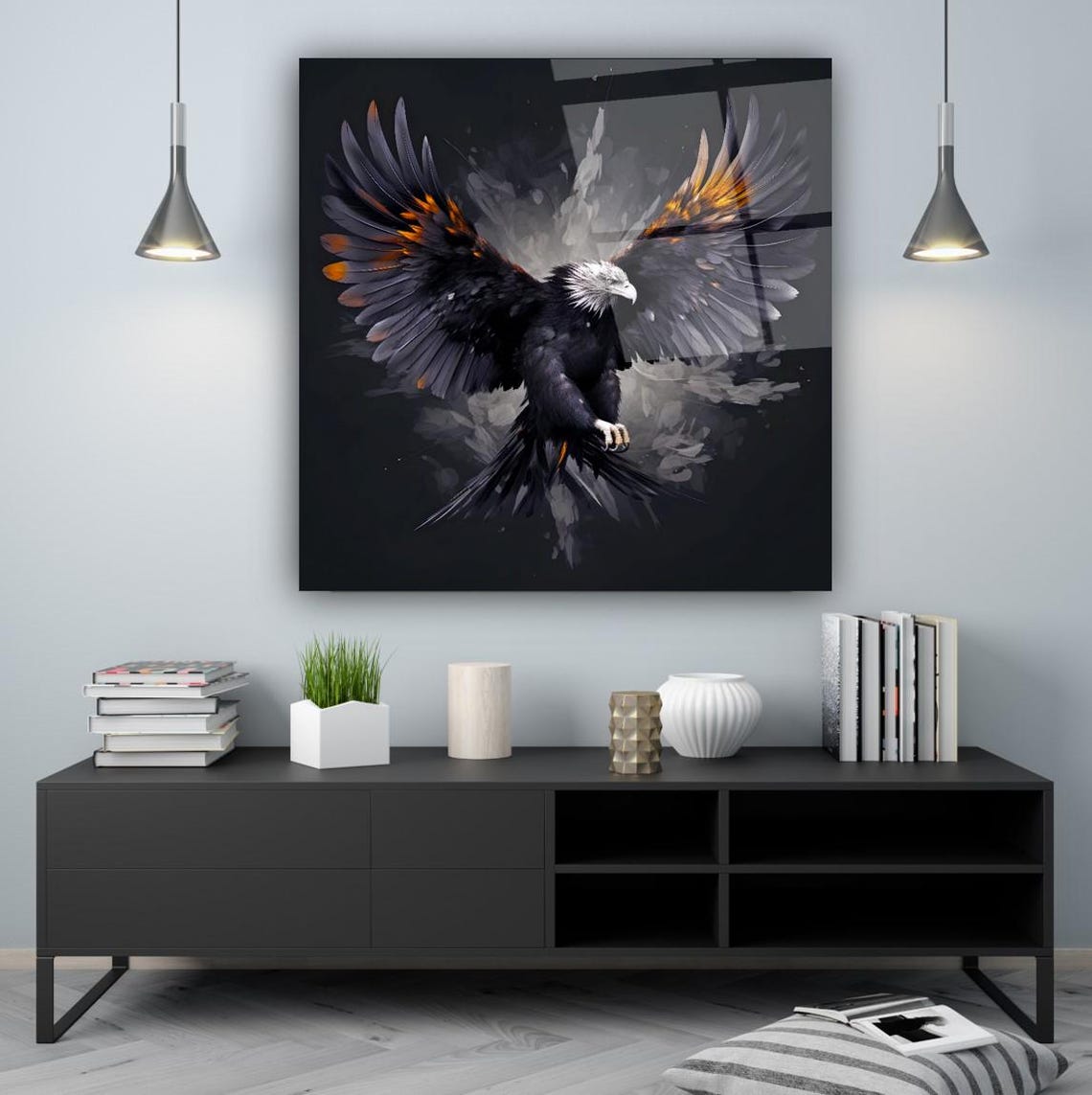 Majestic Bald Eagle with Wide Spread Wings on Black Wall Art - Image 3