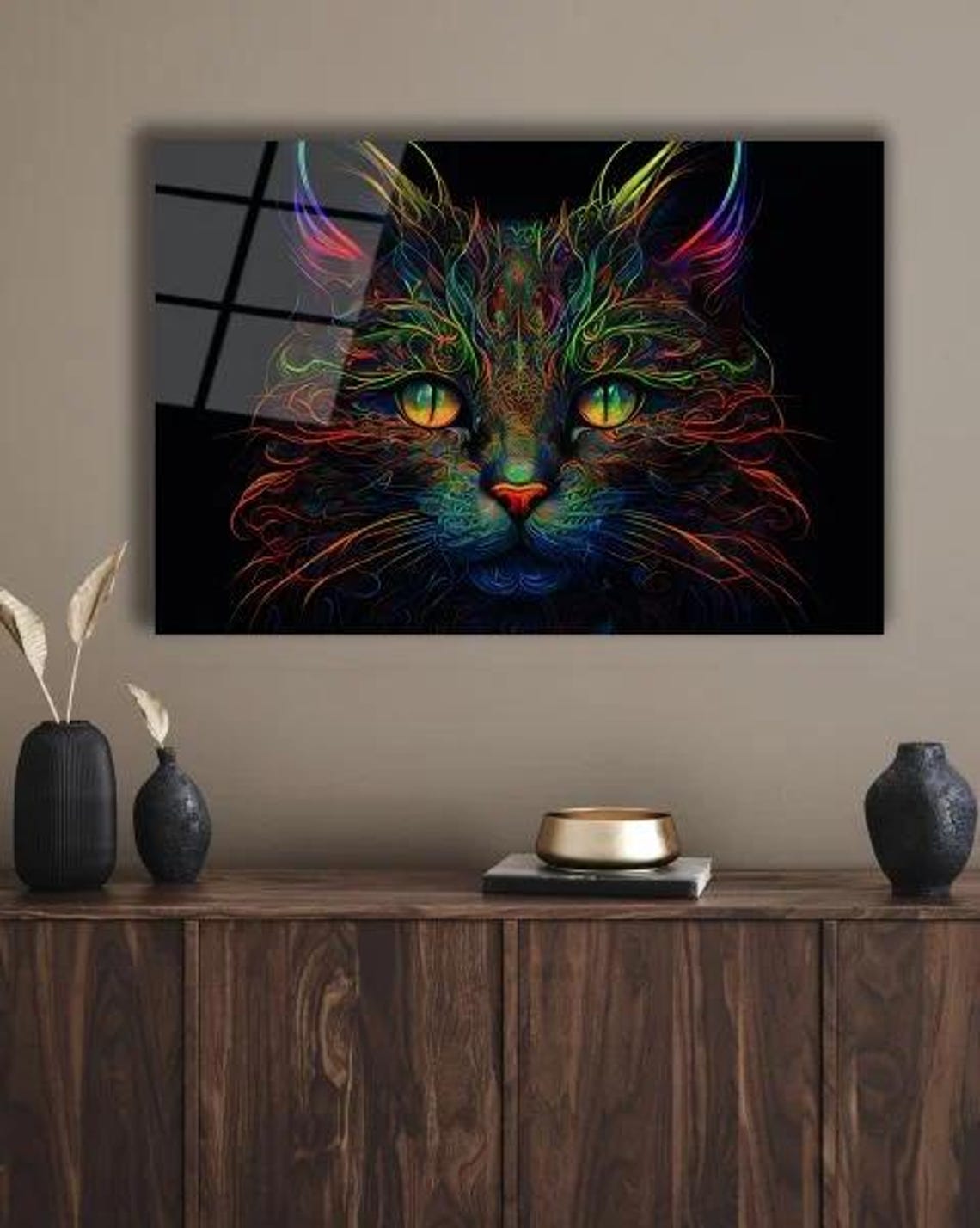 Neon Rainbow Cat Face Poster Glowing Line Art on Black Background - Image 3