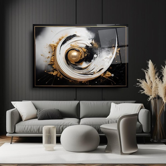Abstract Spiral Tempered Glass Wall Art Gold And White Modern Wall Decor Luxury Glass Print For Elegant Home Or Office