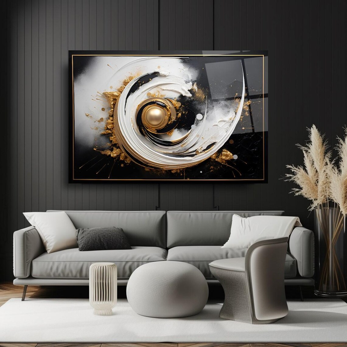 Abstract Spiral Tempered Glass Wall Art Gold And White Modern Wall Decor Luxury Glass Print For Elegant Home Or Office