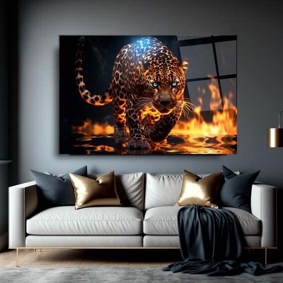 Fierce Leopard Walking Through Blazing Fire With Blue Eyes Poster