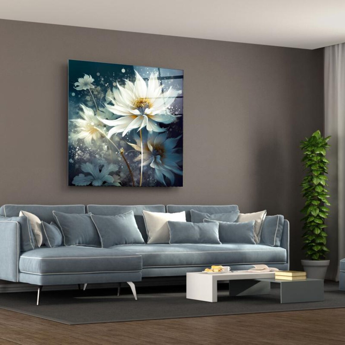 Elegant White Floral Wall Art Tempered Glass Print Modern Botanical Decor Luxury Glass Wall Art For Home And Office - Image 3