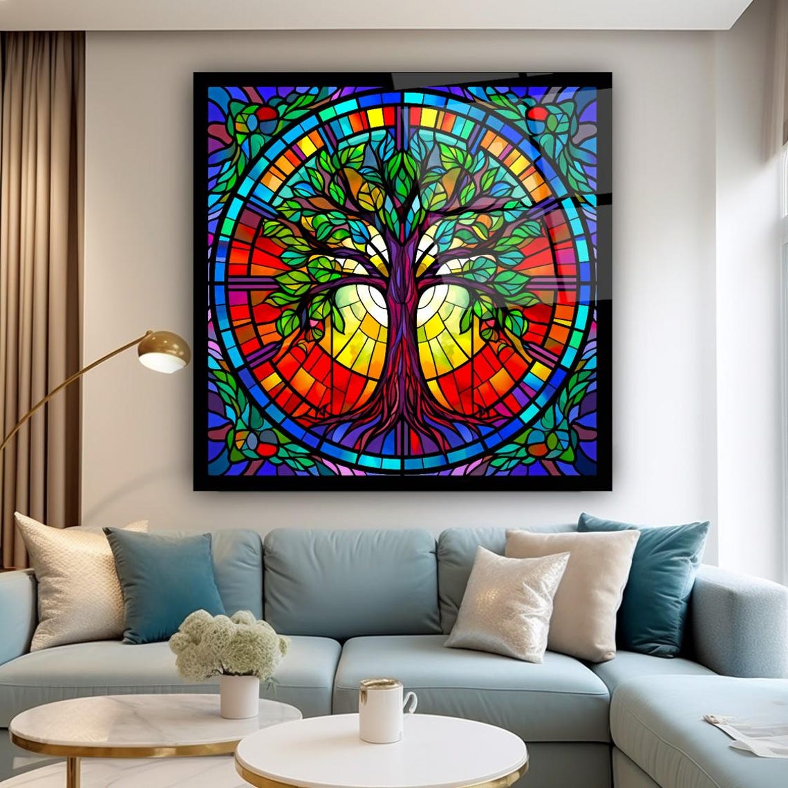 Rainbow Stained Glass Tree Of Life In Circle Window Design Poster