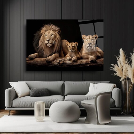Proud Lion Family Resting On Log Dark Wildlife Portrait Poster