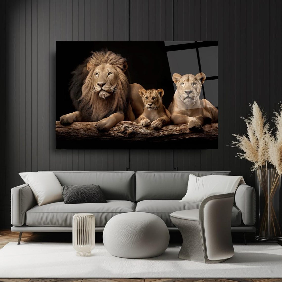 Proud Lion Family Resting On Log Dark Wildlife Portrait Poster