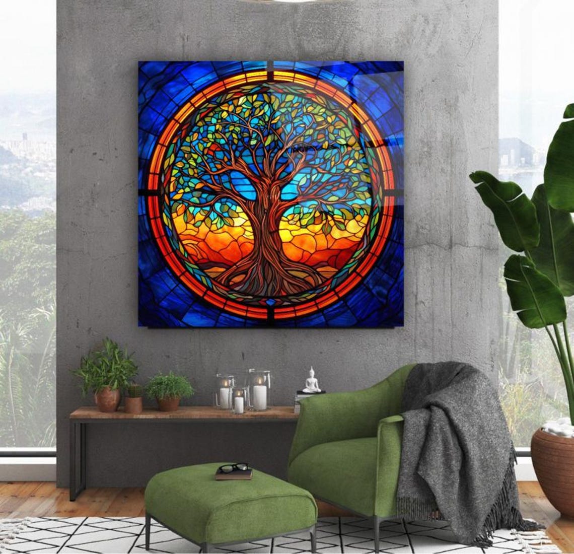 Stained Glass Tree Of Life Glowing Against Sunset Circle Poster - Image 3