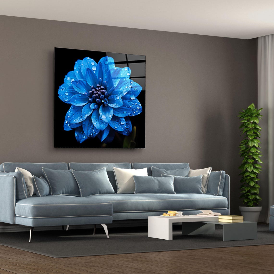 Vivid Blue Flower With Dew Drops On Black Floral Glass Poster - Image 3