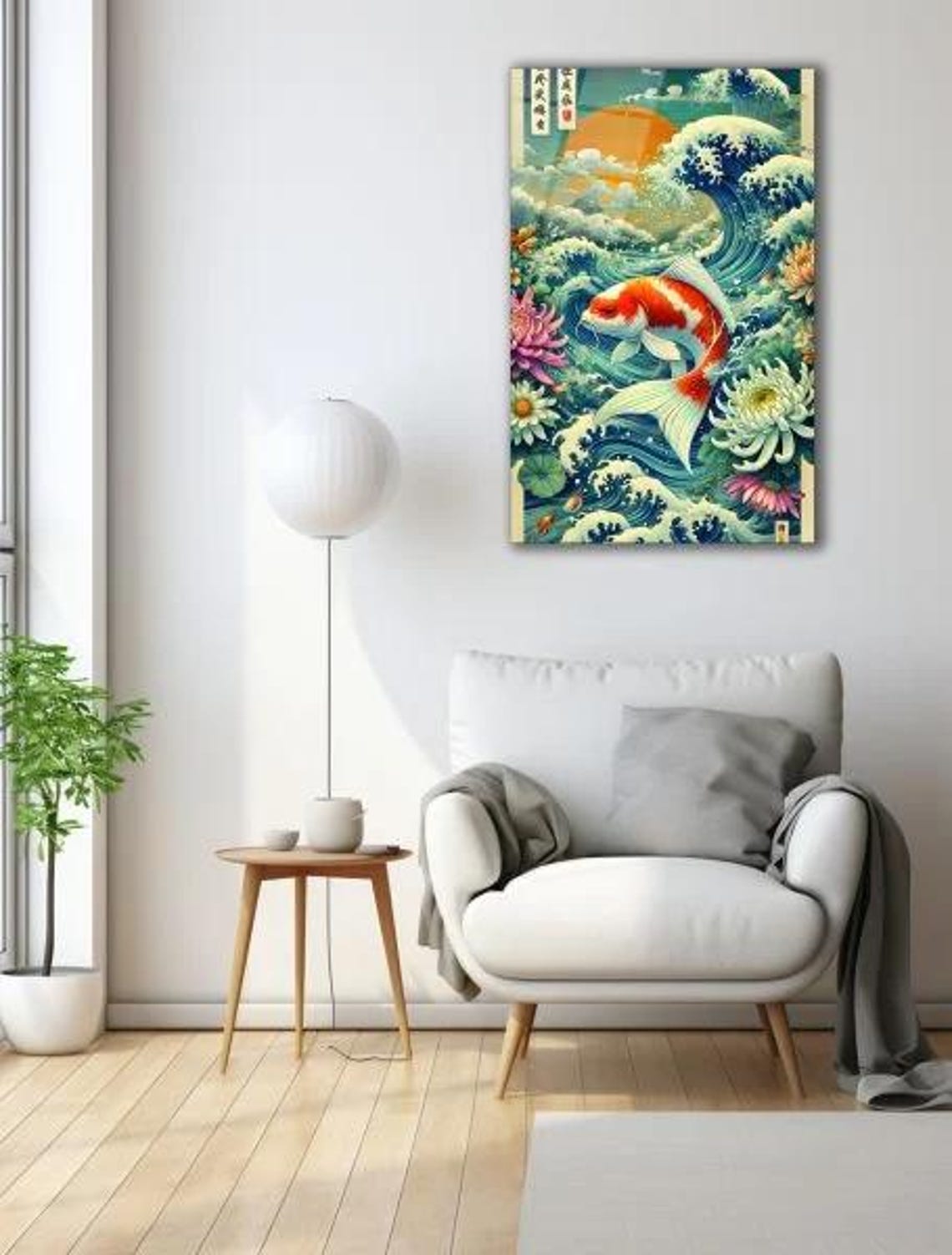 Japanese Koi Fish Waves Ukiyo-e Style Colorful Ocean Floral Art Poster - Image 3