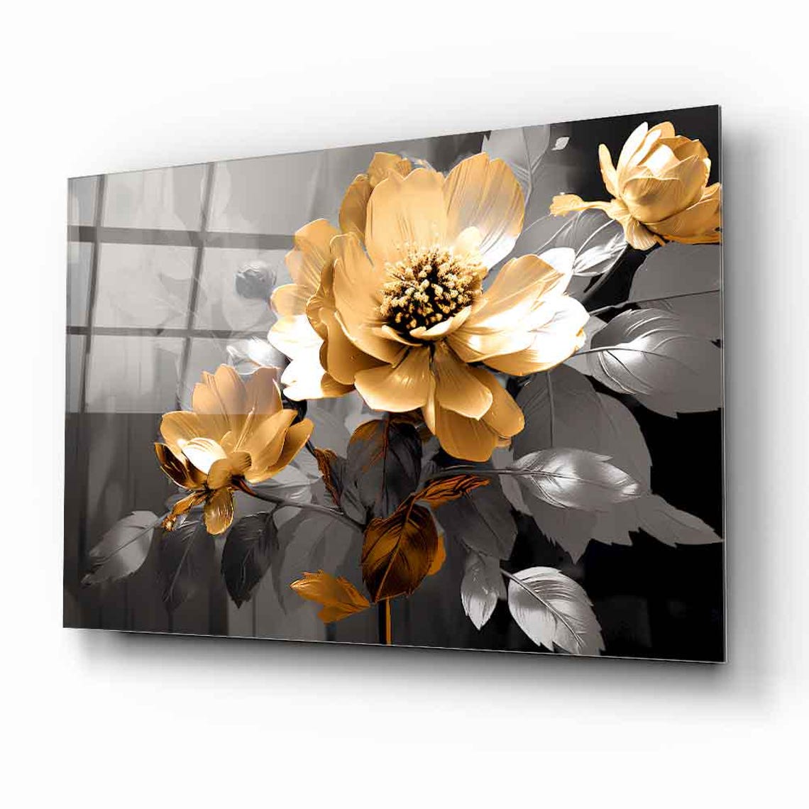 Golden Bloom Flowers On Moody Gray Modern Botanical Glass Poster - Image 2