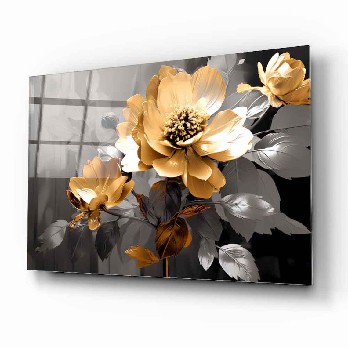 Golden Floral Elegance Wall Art Tempered Glass Print Modern Flower Wall Decor Luxury Glass Wall Art For Home And Office - Image 2