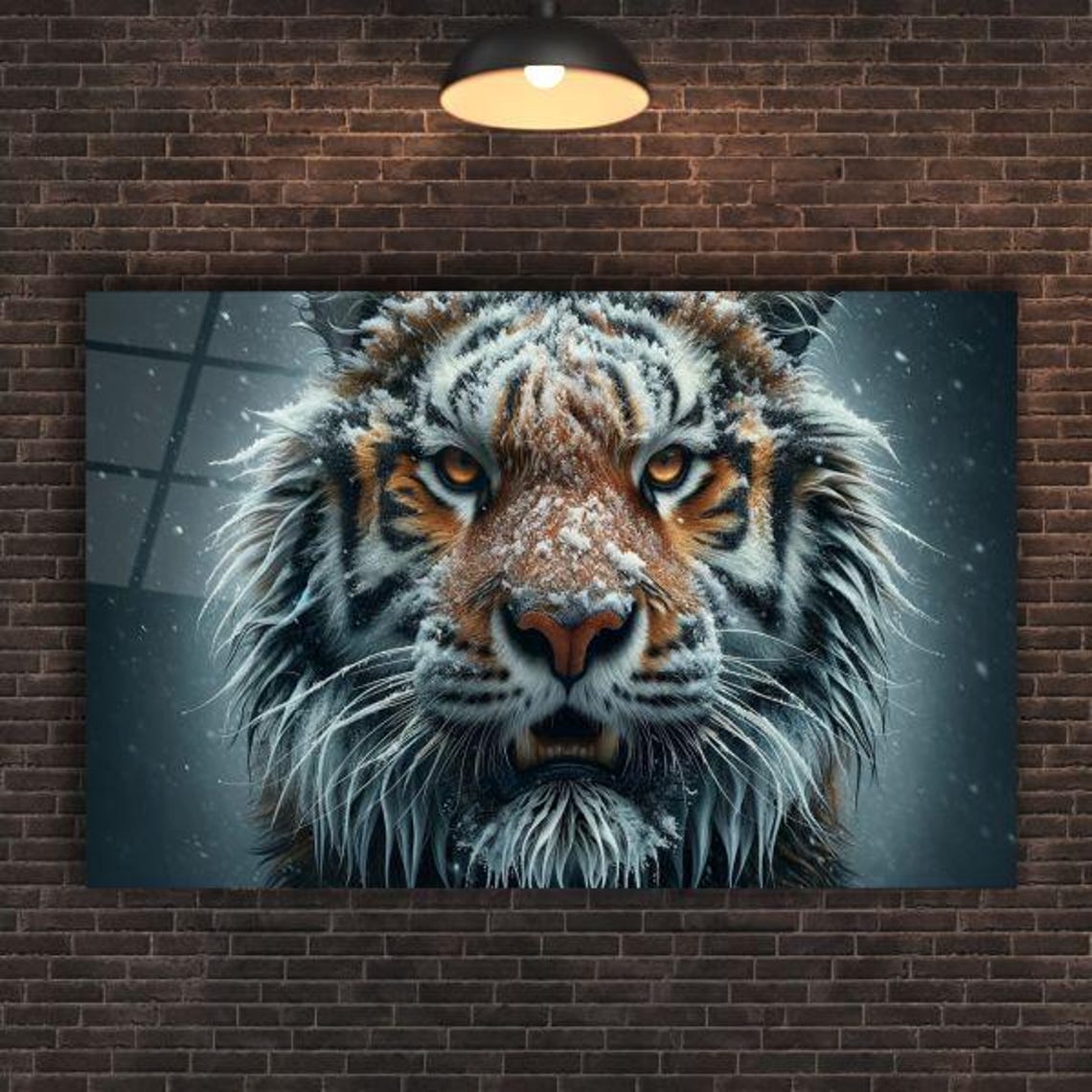 Snow Dusted Tiger Face Close Up With Amber Eyes Wildlife Glass Poster - Image 2