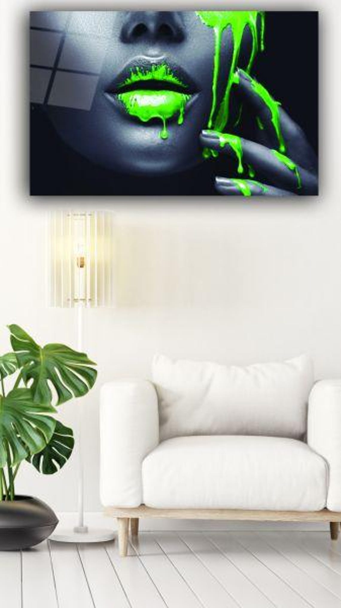 Neon Green Paint Dripping Over Woman's Face Bold Portrait Poster - Image 3
