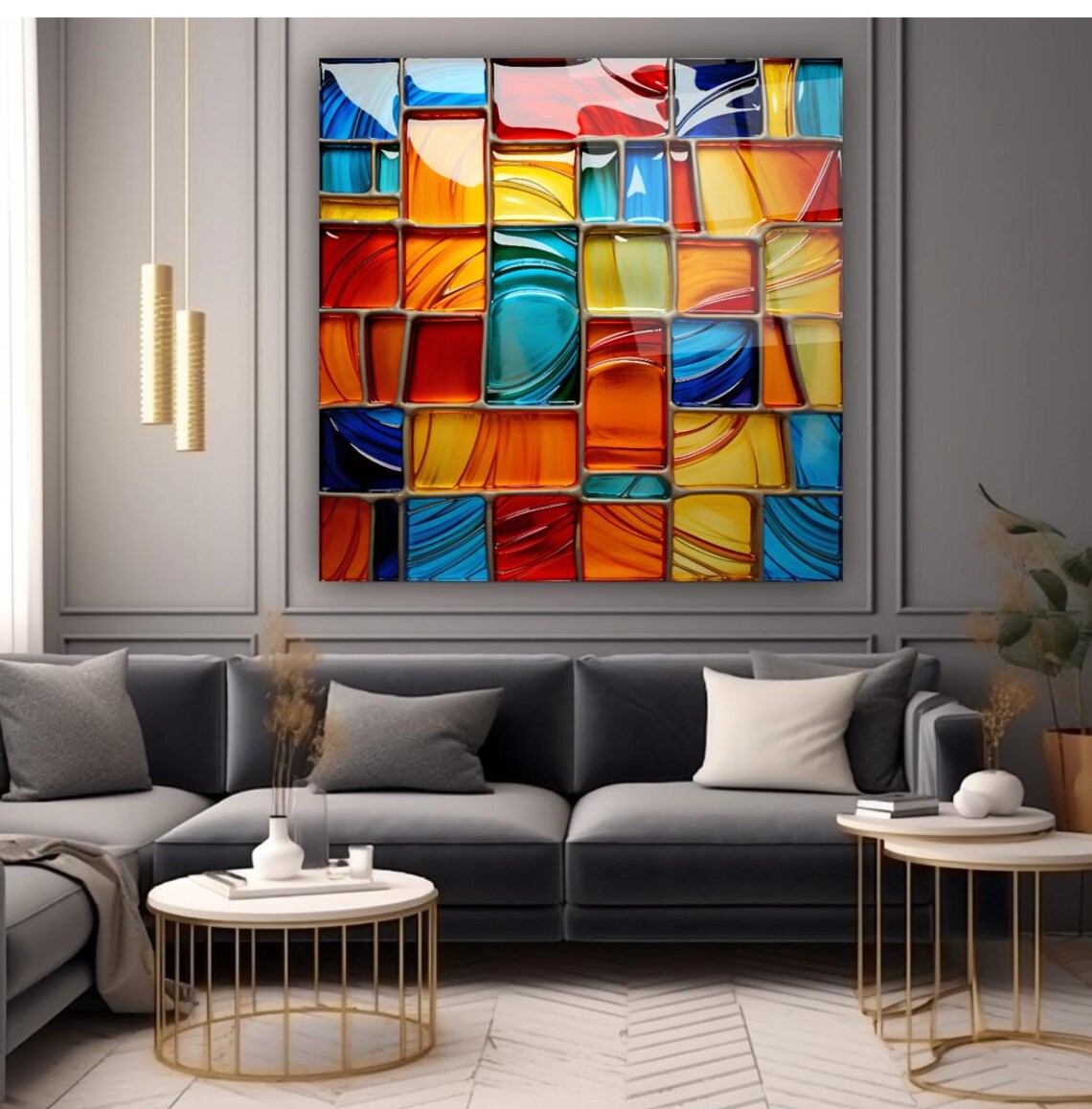 Vibrant Mosaic Glass Wall Art Tempered Glass Print Modern Abstract Wall Decor Luxury Glass Wall Art For Home And Office
