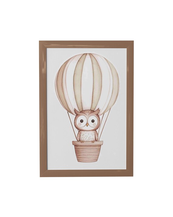 Sweet Owl in Beige Hot Air Balloon Watercolor Woodland Nursery Poster