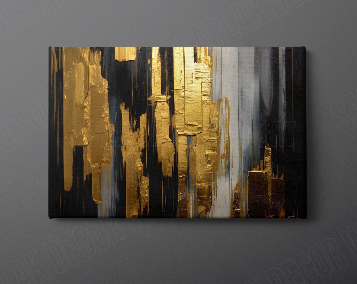 Gold Leaf Black Vertical Brushstrokes Modern Abstract Luxury Wall Art