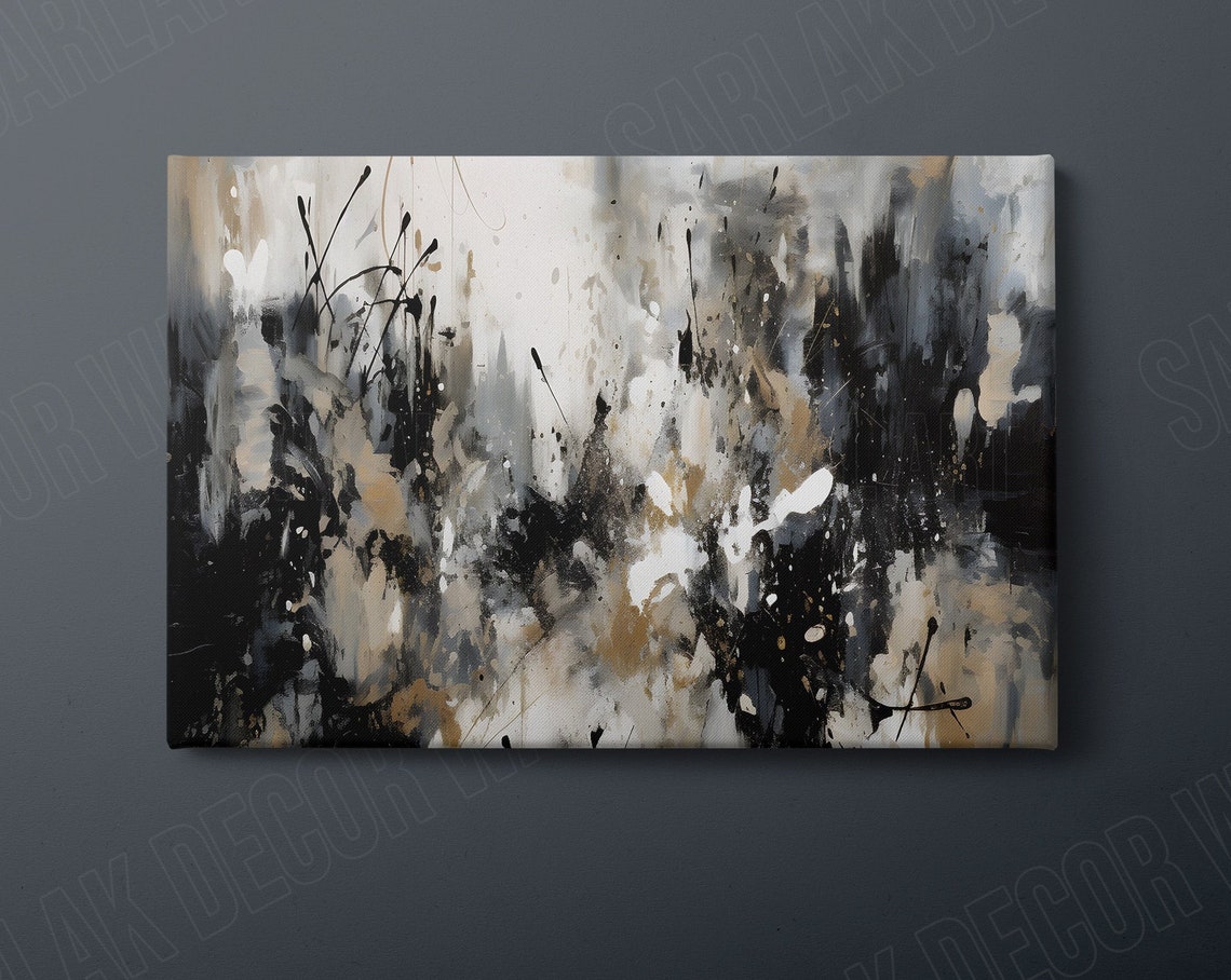 Beige Black White Abstract Splash Neutral Modern Canvas Wall Art