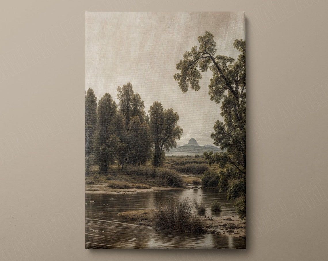 Vintage Rustic River Landscape Trees Sepia Tone Countryside Wall Art