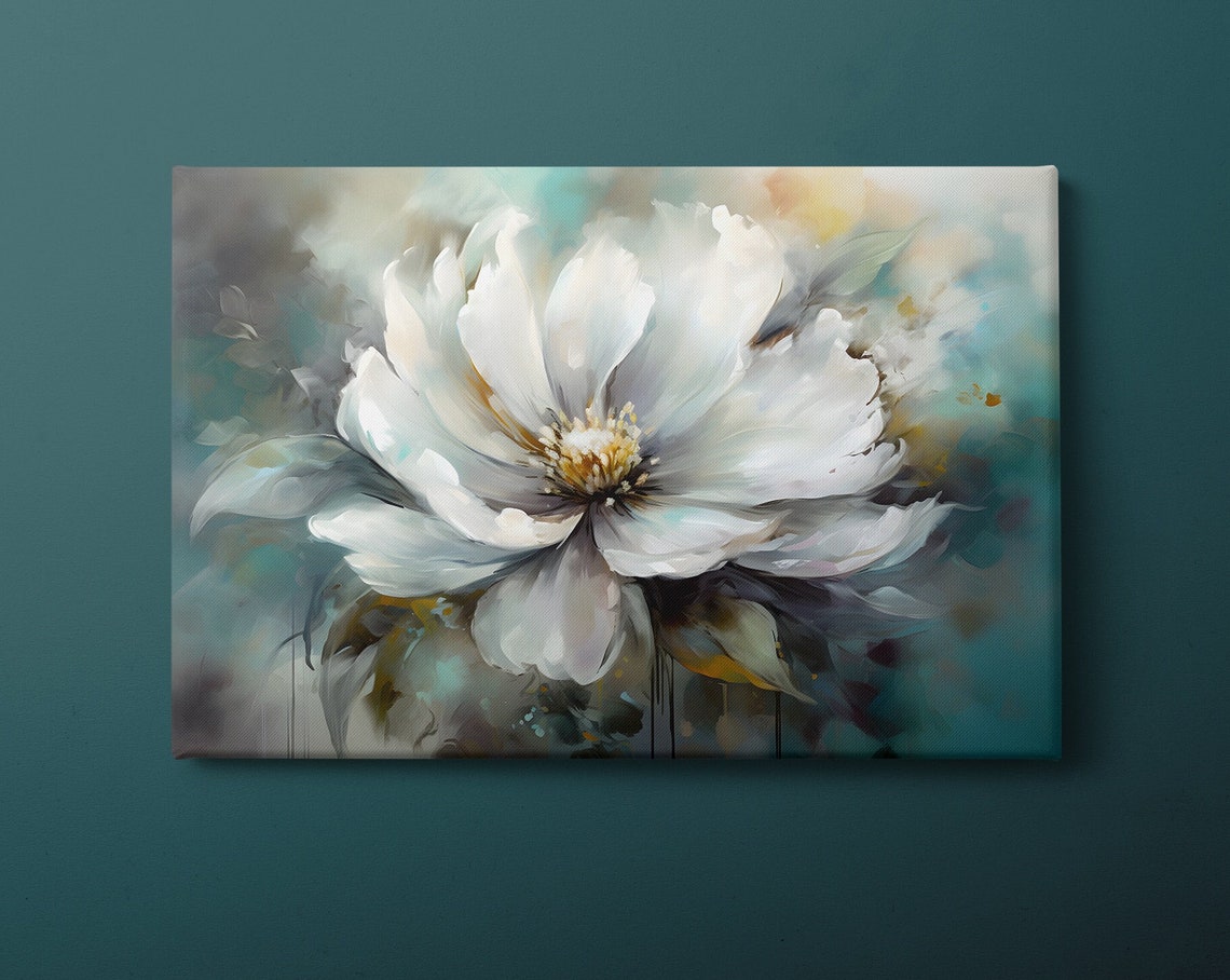 White Peony In Blue Grey Soft Impressionist Floral Painting Wall Art