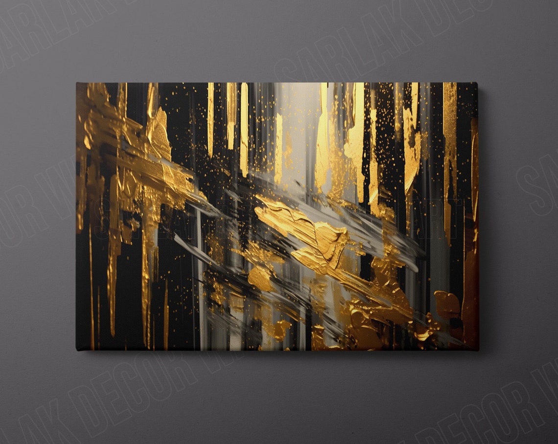 Black Gold Dynamic Brushstroke Modern Abstract Painting Wall Art