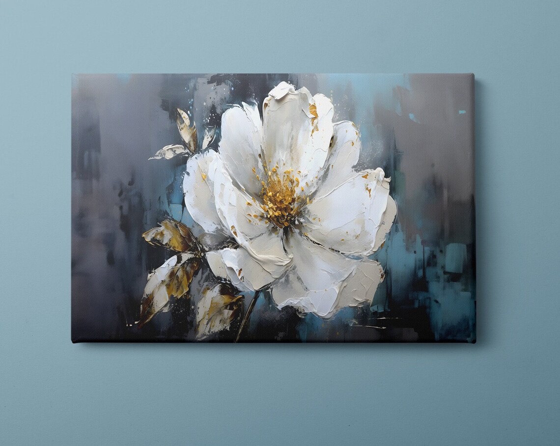 White Flower Golden Center Blue Grey Palette Knife Floral Wall Art
