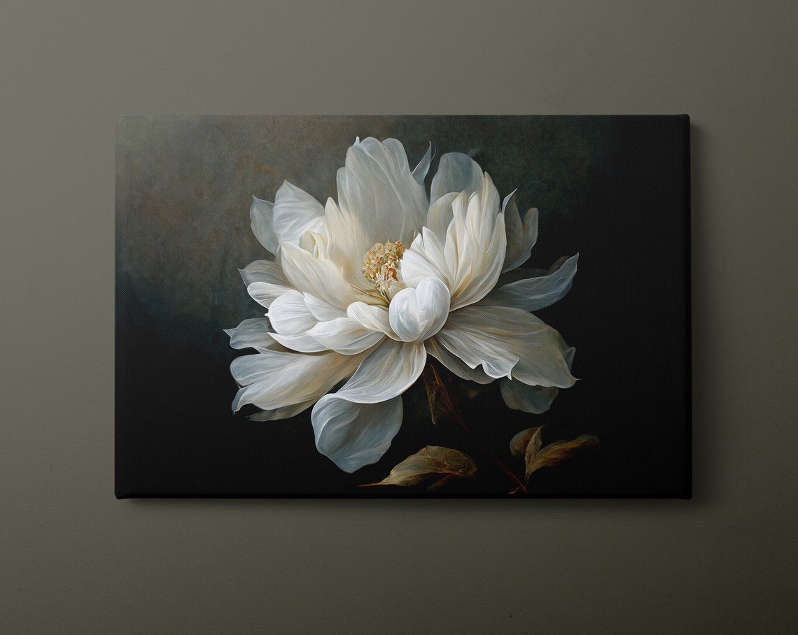 Elegant White Peony Bloom On Dark Moody Botanical Floral Wall Art