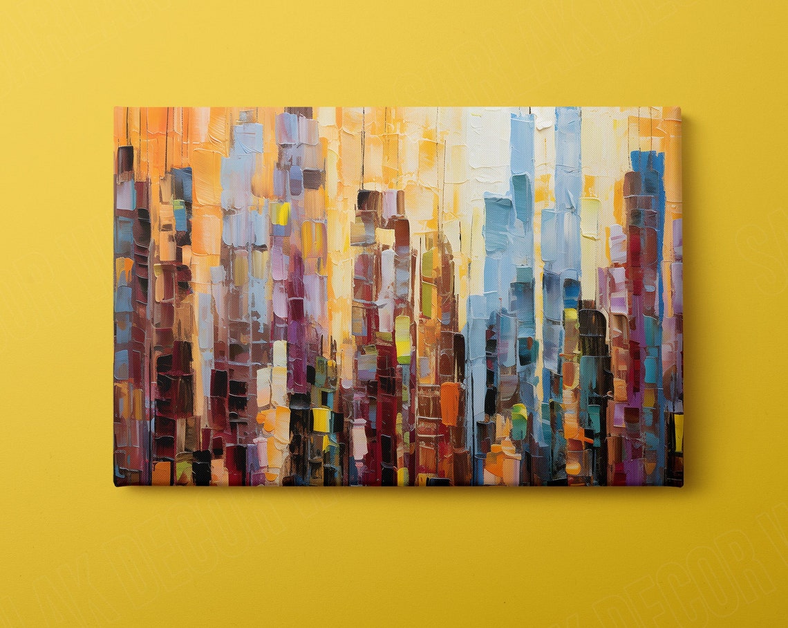 Colorful Abstract City Skyline Palette Knife Urban Art Deco Wall Art