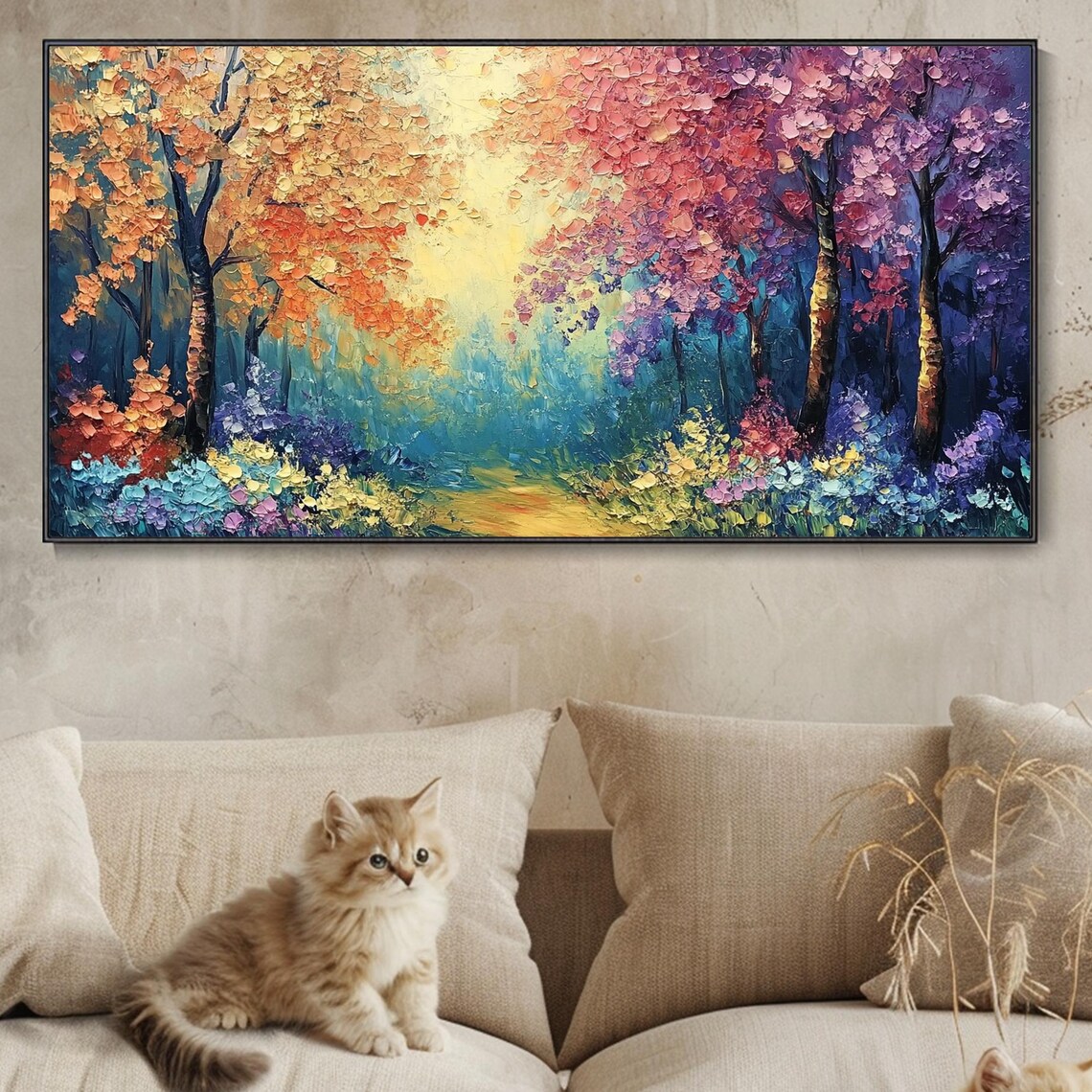Colorful Four Season Forest Path Textured Oil Painting Poster