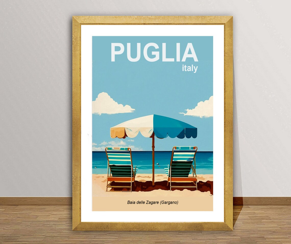 Puglia Italy Baia delle Zagare Beach Chairs Vintage Travel Poster