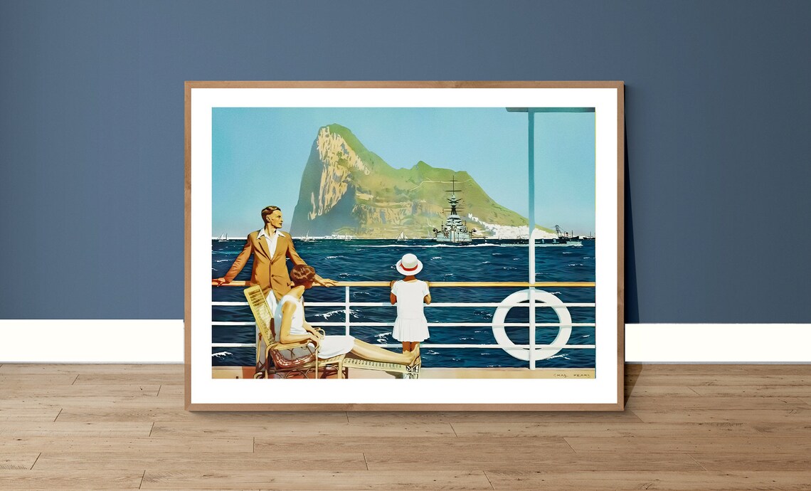 Gibraltar Cruise Travel Poster Ocean Liner Deck with Rock of Gibraltar