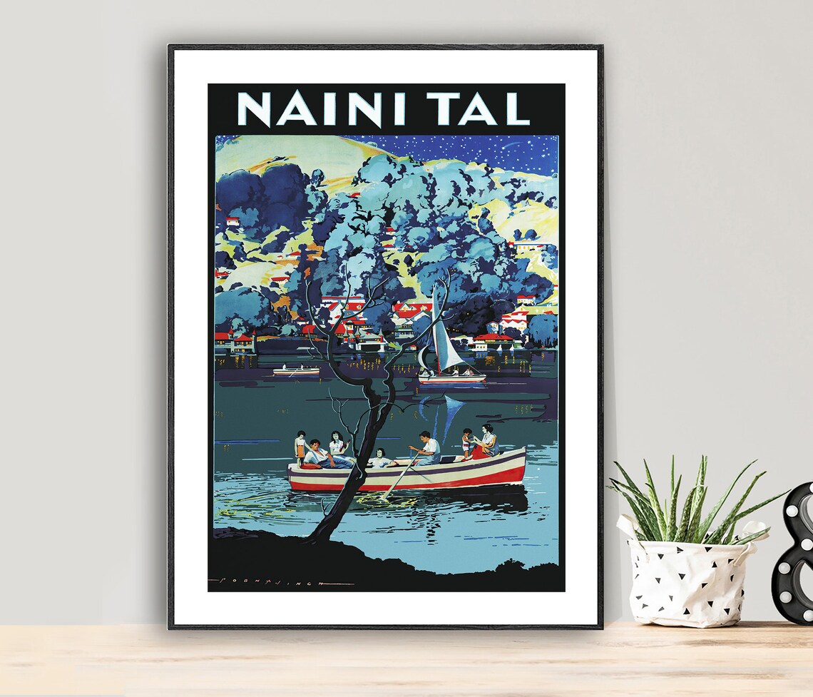 Naini Tal Vintage Indian Lake Night Rowboat Travel Poster Art