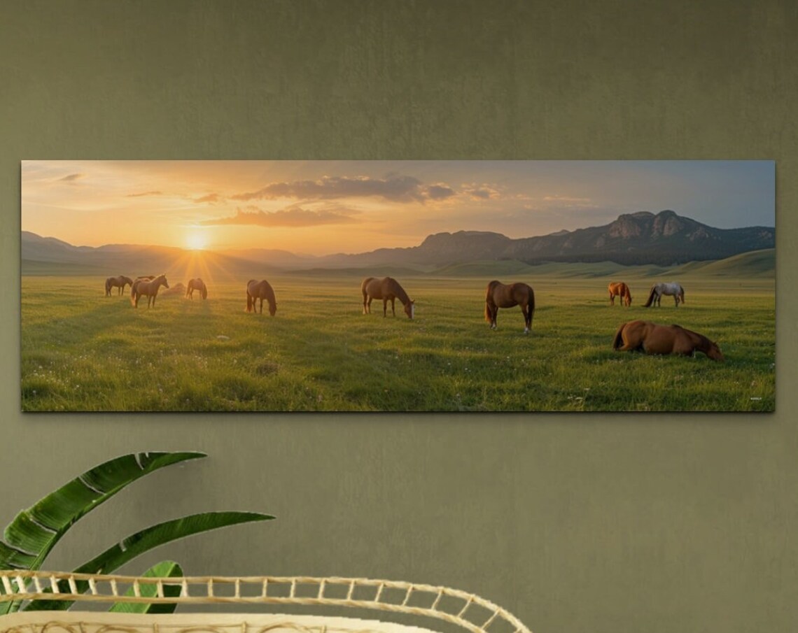 Wild Horses Grazing Meadow Sunset Mountain Panoramic Photo Poster
