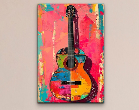 Pop Art Acoustic Guitar Colorful Patchwork Music Decor Wall Art