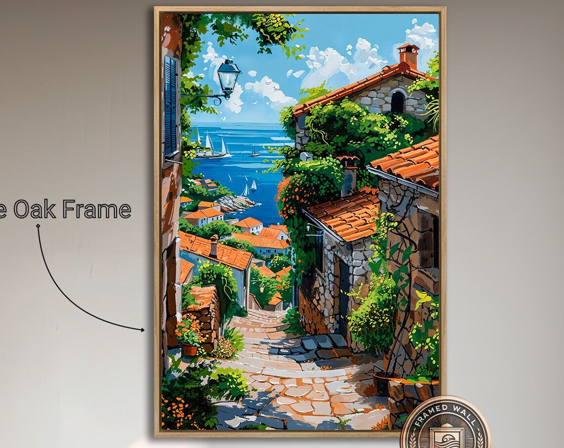 Sunny Mediterranean Coastal Village Lane Above The Sea Travel Poster