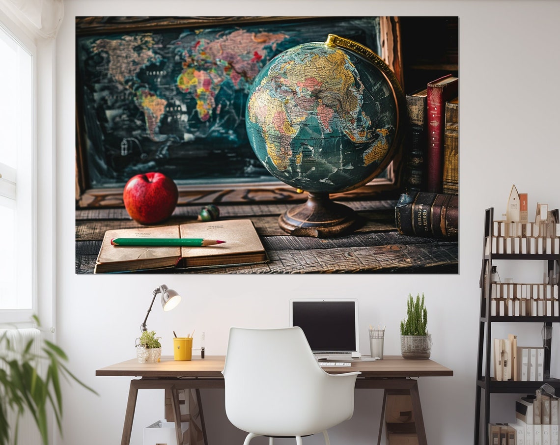 Vintage World Map Antique Globe Red Apple Notebook Travel Desk Poster
